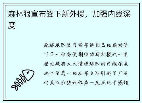 森林狼宣布签下新外援，加强内线深度